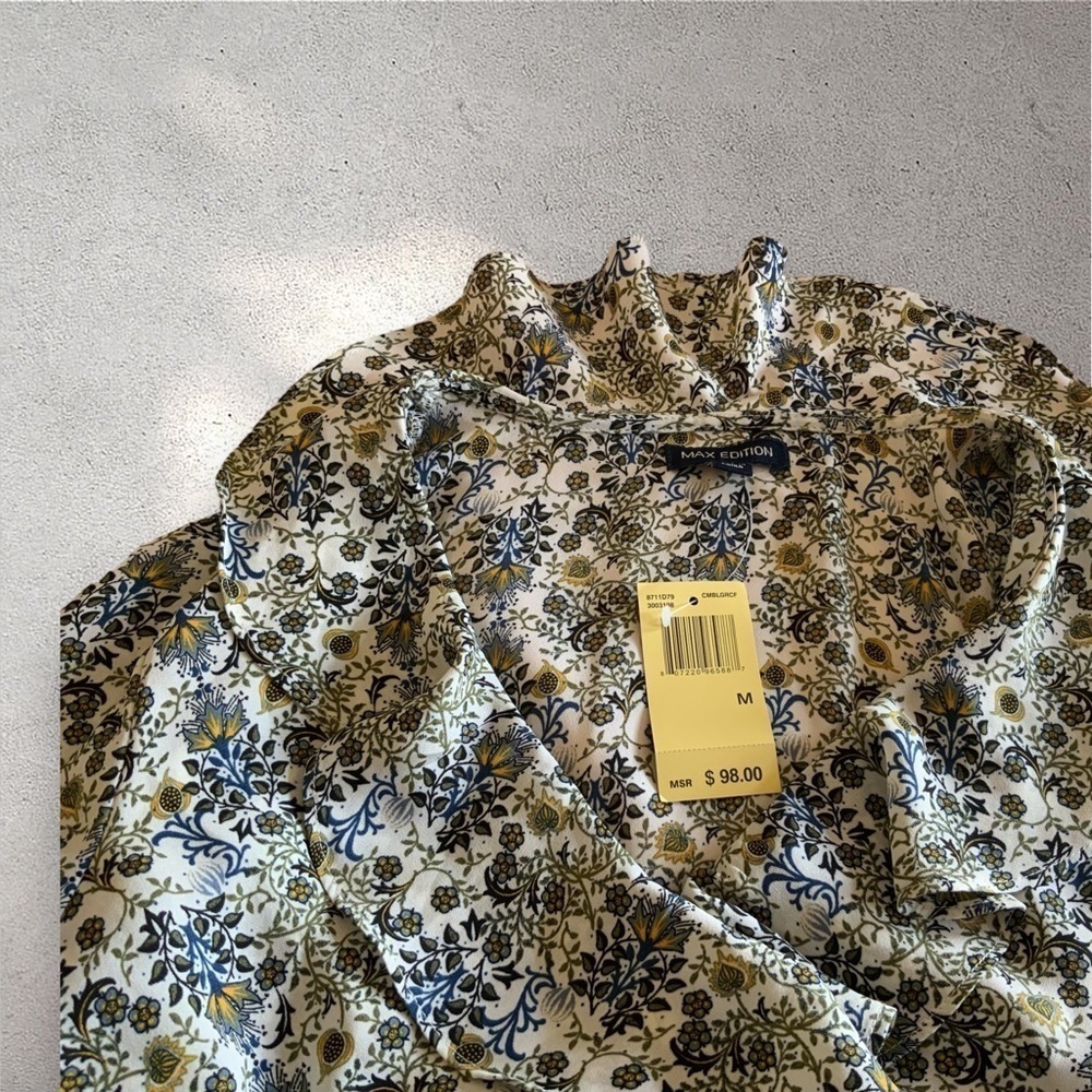 Max Edition Blue & Green Floral Ruffled Blouse With Tie - Picture 4 of 10